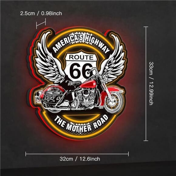 Route 66 LED Neon Sign Light Harley Motorcycle Retro 3D Garage Shop Man Cave NEW - Picture 3 of 8